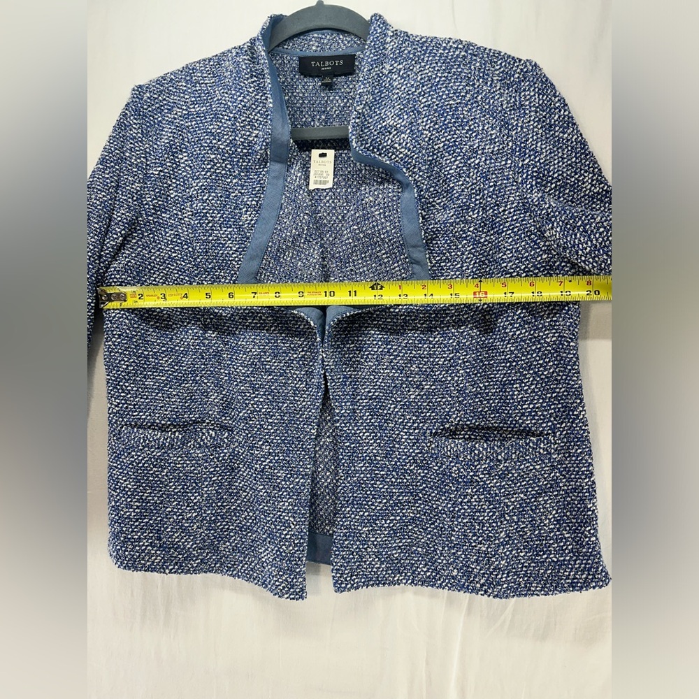 Talbots Blue Tweed Drape Open Front Blazer Classic Womens Size L Petite NEW - Picture 4 of 8